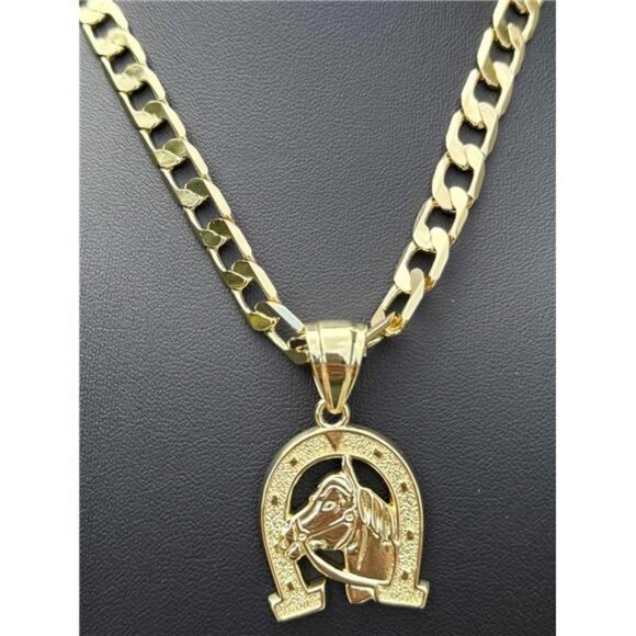 14K Gold Plated Hip Hop Horseshoe U-Shaped Pendant with Cuban Chain 24" 8mm - Picture 5 of 8